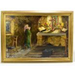 MILLICENT FORD; oil on canvas, figure praying within a chapel, signed, 50 x 70cm, framed.