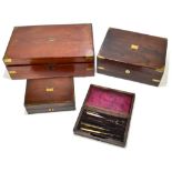 A Victorian mahogany brass bound writing slope with purple velvet writing surface and single glass