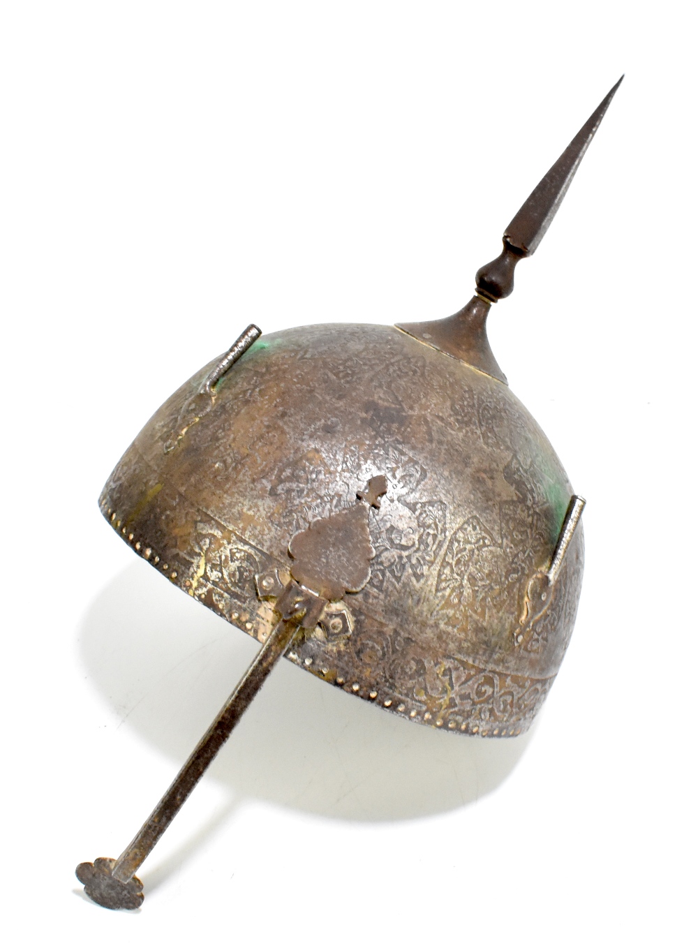 A 19th century Indian Khula Khud helmet, with cast scrolling decoration, height 37cm.Additional