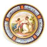 VIENNA; a 19th century hand painted porcelain plate decorated with 'Diana and Cupid', diameter 24.