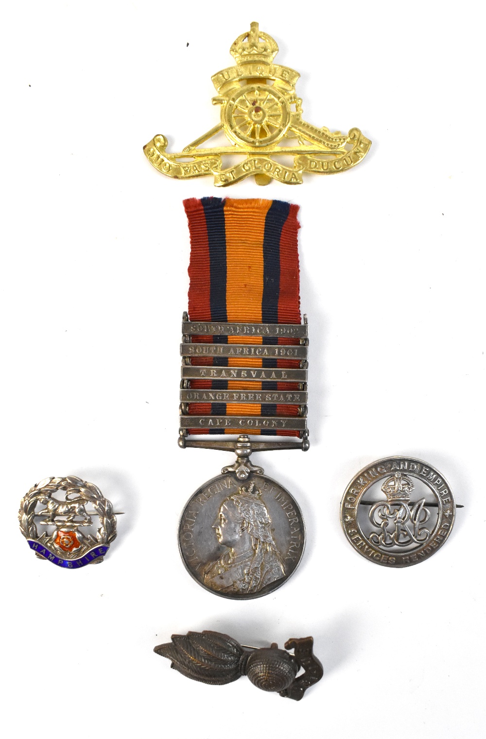 A Queen's South Africa Medal with five clasps comprising 'South Africa 1901' and '1902', '