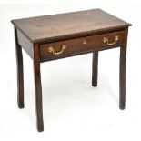 An 18th century oak side table with single frieze drawer, raised on block supports, length 76cm,