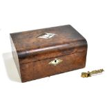 A Victorian mother of pearl inlaid burr walnut work box of rectangular form with dome top, length