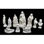 Ten 19th and 20th century Parian ware figures to include Ruth, height 33cm, Queen Victoria and Queen