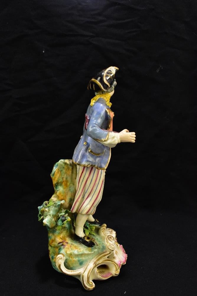 DERBY; a pair of 18th century figures, a dandy wearing tricorn hat and his companion both on gilt - Image 3 of 13