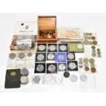 A collection of British and USA coinage including cartwheel half penny, 1974 half dollar, 1974