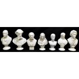 Seven 19th century Parian ware busts to include Robinson & Leadbeater example of Gladstone, height