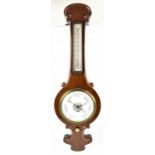 A Victorian mahogany banjo barometer and thermometer with scrolled detail, length 94cm. Additional