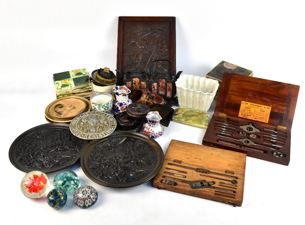 A group of collectors' items including two tap and die sets, various Art Nouveau design square