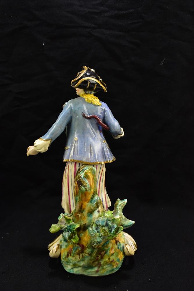 DERBY; a pair of 18th century figures, a dandy wearing tricorn hat and his companion both on gilt - Image 4 of 13