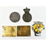 A group of collectors' items including an AA badge, two brass plates for Morris Motors Ltd, a