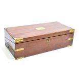 A mahogany and brass bound writing slope with campaign-style handles and drawer to left side, the