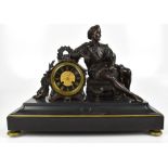 A Victorian figural mantel clock with black slate rectangular base and bronze surmount depicting a
