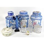 Three decorative modern Chinese blue and white jars and cover, height 36cm, together with assorted