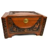 A mid-20th century Chinese carved camphor wood blanket box, length 103cm, depth 52cm, height 60cm.