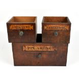 Three apothecary cabinet drawers with gilt detail, the largest labelled 'Pix. Arida.', 20 x 41 x