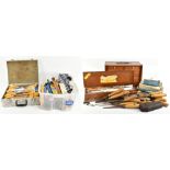 A large collection of assorted tools including braces, various chisels including Marples examples,