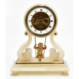 A 19th century French alabaster mantel clock, the circular dial set with Roman numerals flanking the