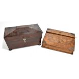 A Victorian mahogany tea caddy, the hinged cover enclosing two compartments and pressed glass