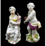 An early 19th century English porcelain figure of a girl playing bagpipes, impressed no. 23 to base,