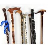 Six assorted walking sticks including an example with a hallmarked silver ferrule and rosewood