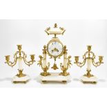 CONFIANCE; an early 20th century three piece marble clock garniture, with gilt metal mount, the