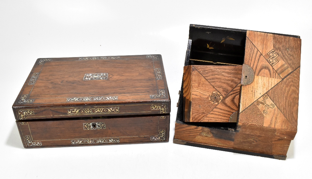 A Victorian rosewood writing slope with mother of pearl inlay, length 35cm, and an early 20th