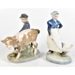 ROYAL COPENHAGEN; two figures comprising a boy with bull, height 17cm, and a girl with a goose, both