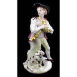 DERBY; an 18th century figure of a gentleman playing the bagpipes with hound at his feet, height