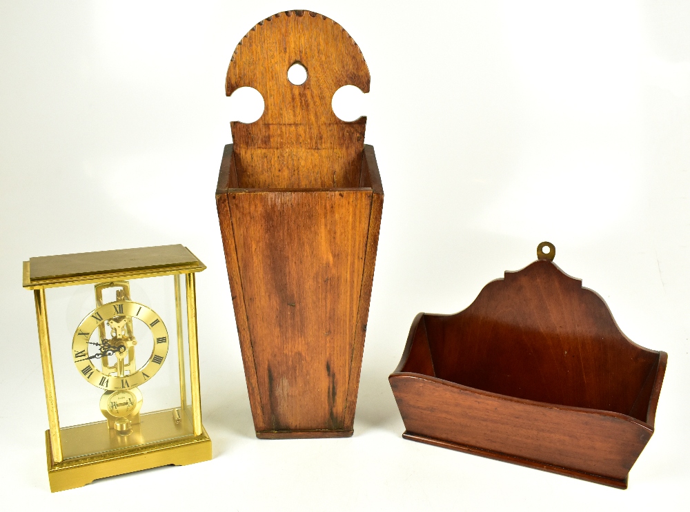 A reproduction stained oak candle box, height 46cm, together with a similar mahogany example, also