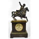 A 19th century French mantel clock with bronze surmount of Napoleon on horseback, the circular