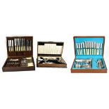 MAPPIN & WEBB; an oak cased silver plated sixty piece canteen of cutlery and two further canteens in