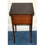 An Edwardian mahogany and line-inlaid sewing table, the square section top with twin hinged flaps