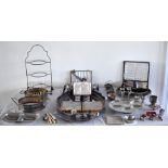 A silver plated twin handled oval galleried tray, a plated salver, plated cutlery, also mixed