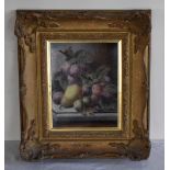 IN THE MANNER OF OLIVER CLARE; oil on card, still life study of grapes and pear on a ledge,