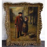 J W S; oil on canvas, street scene with young girl and Chelsea Pensioner, signed with monogram lower