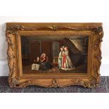19TH CENTURY ENGLISH SCHOOL; oil on card, interior scene with two young ladies beside a further