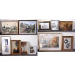 A quantity of decorative pictures and prints, including railway scene, decorative oil, black and