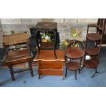 An Edwardian mahogany line inlaid three tier cake stand, a two tier cake stand, string top stool,