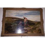 GEORGE HARVEY (1806-1876); oil on board, landscape with children by a stream, signed and dated 1863,