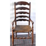 A 19th century ash and elm wavy ladder back elbow chair with string seat and turned front