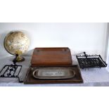 A pine lap desk, two trivets, a twin handled tray, a 12" Globe Master globe and two further trays (