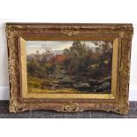 LATE 19TH CENTURY ENGLISH SCHOOL; oil on canvas, woodland landscape with stream, indistinctly signed