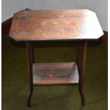 An Edwardian rosewood and inlaid two tiered occasional table raised on square section outswept legs,