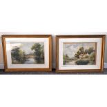 WIGGS KINNAIRD (1870-1930); a pair of watercolours, both rural idyls with river or pond
