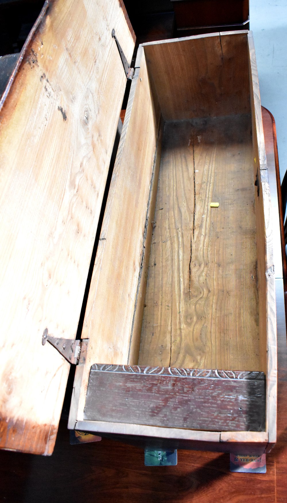 A small slim 18th century oak coffer with two faux front panels with carved arches, - Image 8 of 9