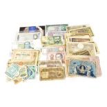 Various vintage world banknotes to include an American $5 series, two Confederate five dollar note,