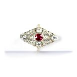 An Art Deco style 18ct white gold ruby and diamond cluster ring,
