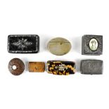 Various antique and vintage snuff boxes to include a plated oval box with the name 'JC Trams' to