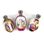 Three Edwardian hand painted porcelain pocket snuff/perfume bottles,